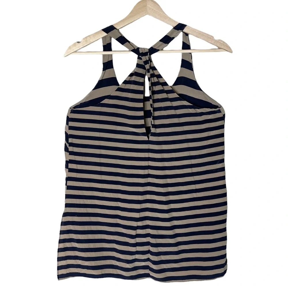 BCBG MAXAZRIA Edita Pure Silk Striped Navy and Tan Twisted Racer Back Tank Top